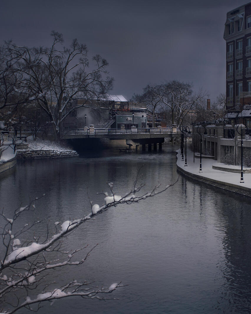 Winter Riverwalk view in Naperville
